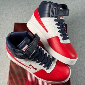 FILA Vulc 13 Red White Navy High‑Top Kid's 3.5 Classic Strap Sneakers NIB